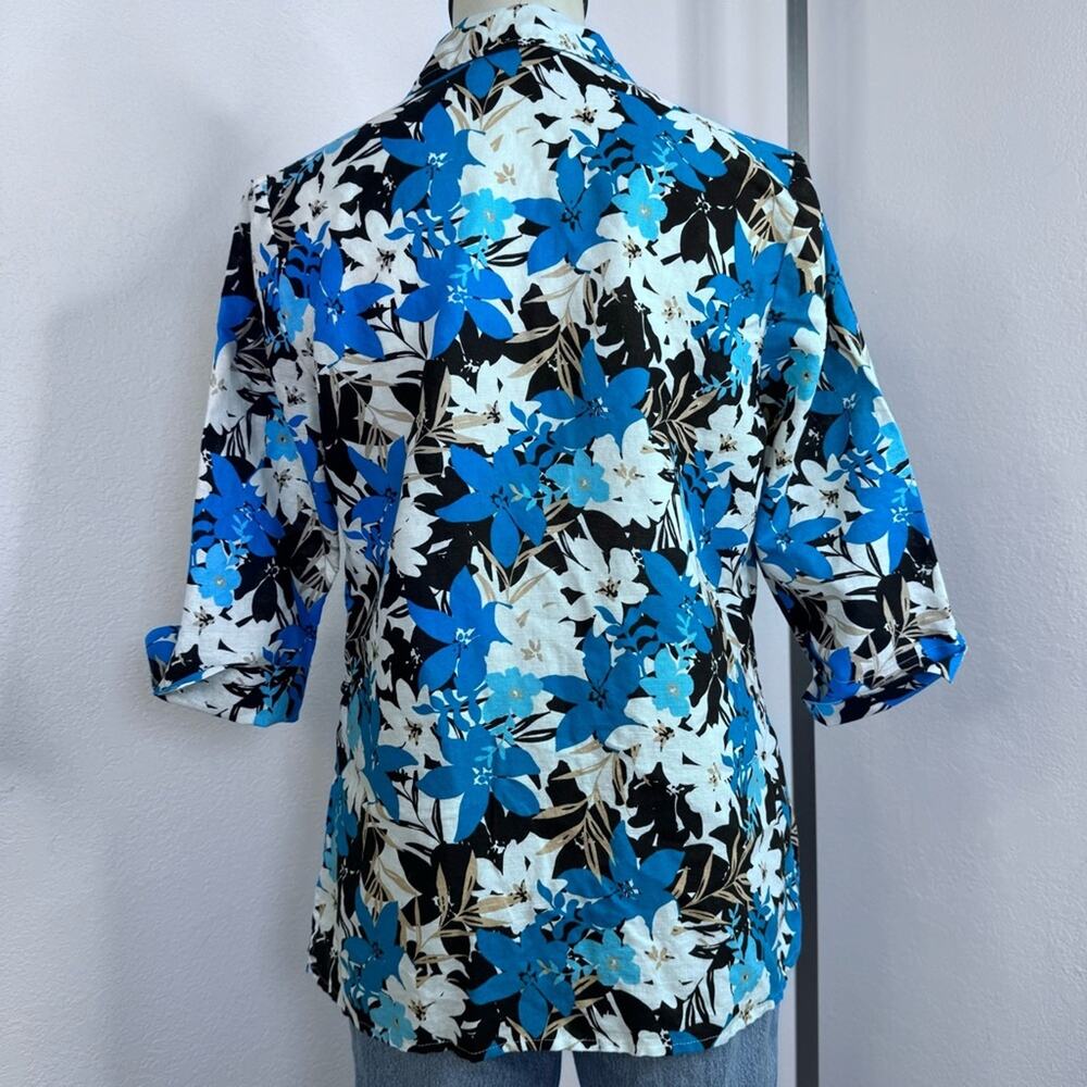 Linen Blend Floral Button Up Shirt Size Medium Resort Top Jaclyn Smith Blue - Picture 7 of 8